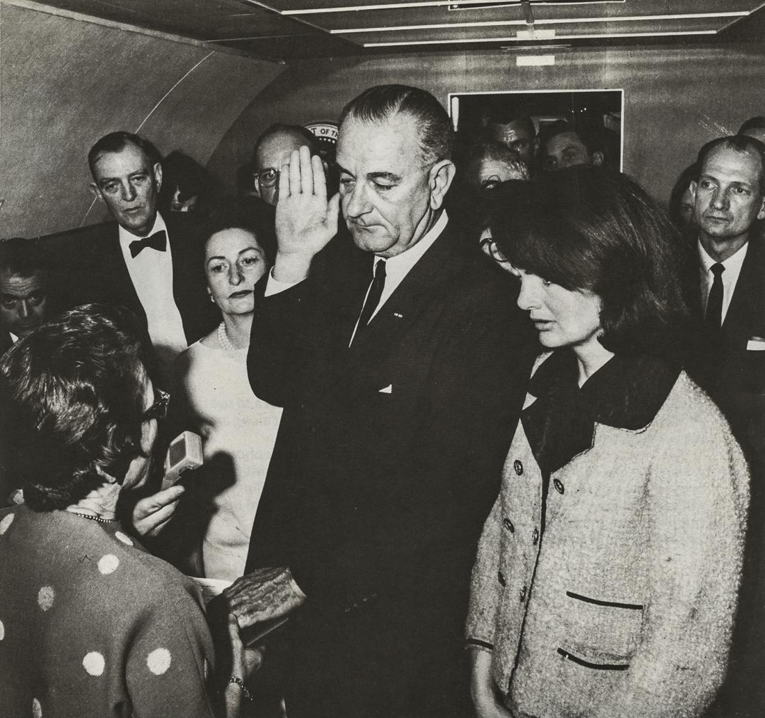 CAPT. CECIL STOUGHTON - LBJ Sworn in, Air Force One: Artist: Captain Cecil Stoughton Title: LBJ Sworn in on Air Force One Medium: Photoengraving, 1972, USA Dimensions: 7.05x6.6" Description: Heat Wax Mounted on 8.5x11" Conservation Board Artist Bio: Cec