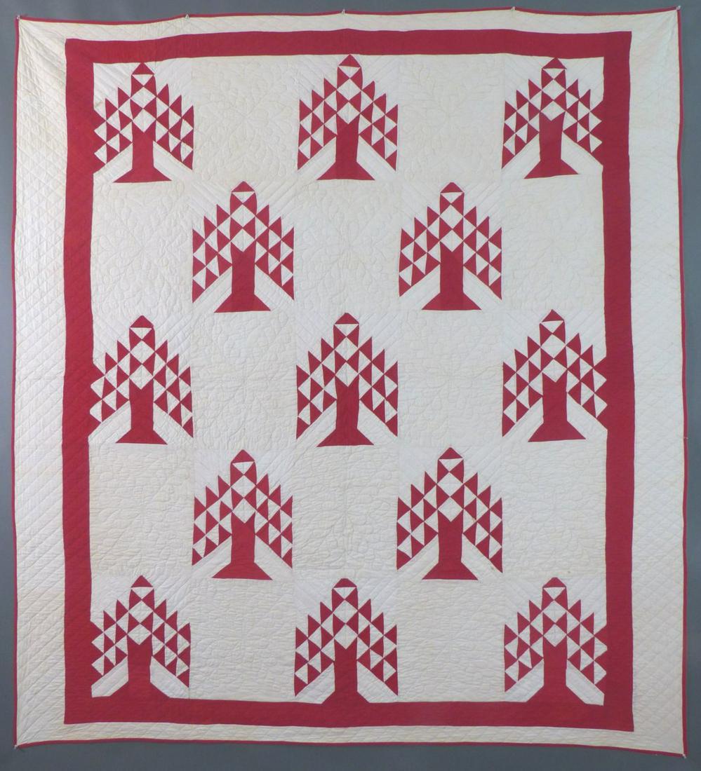 Antique Red & White "Pine Tree" Quilt, Cotton, (1 of 6)