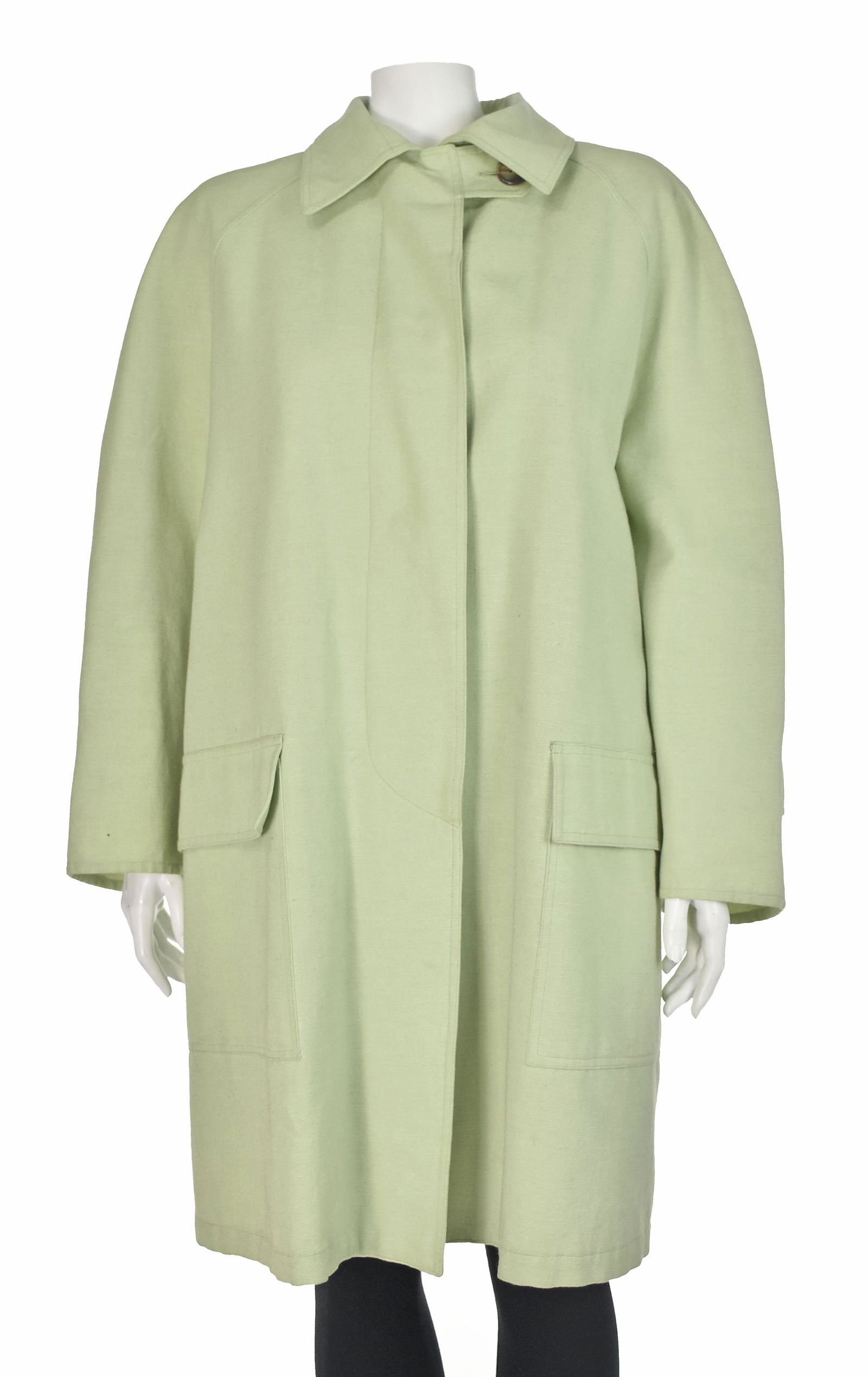 BILL BLASS Vintage Lime Green Cotton Twill Coat with: Vintage coat from Bill Blass. Shell is medium weight cotton twill in a lovely shade of lime green. Quite unexpectedly for a cotton topper, it comes with removable wool liner that buttons inside torso