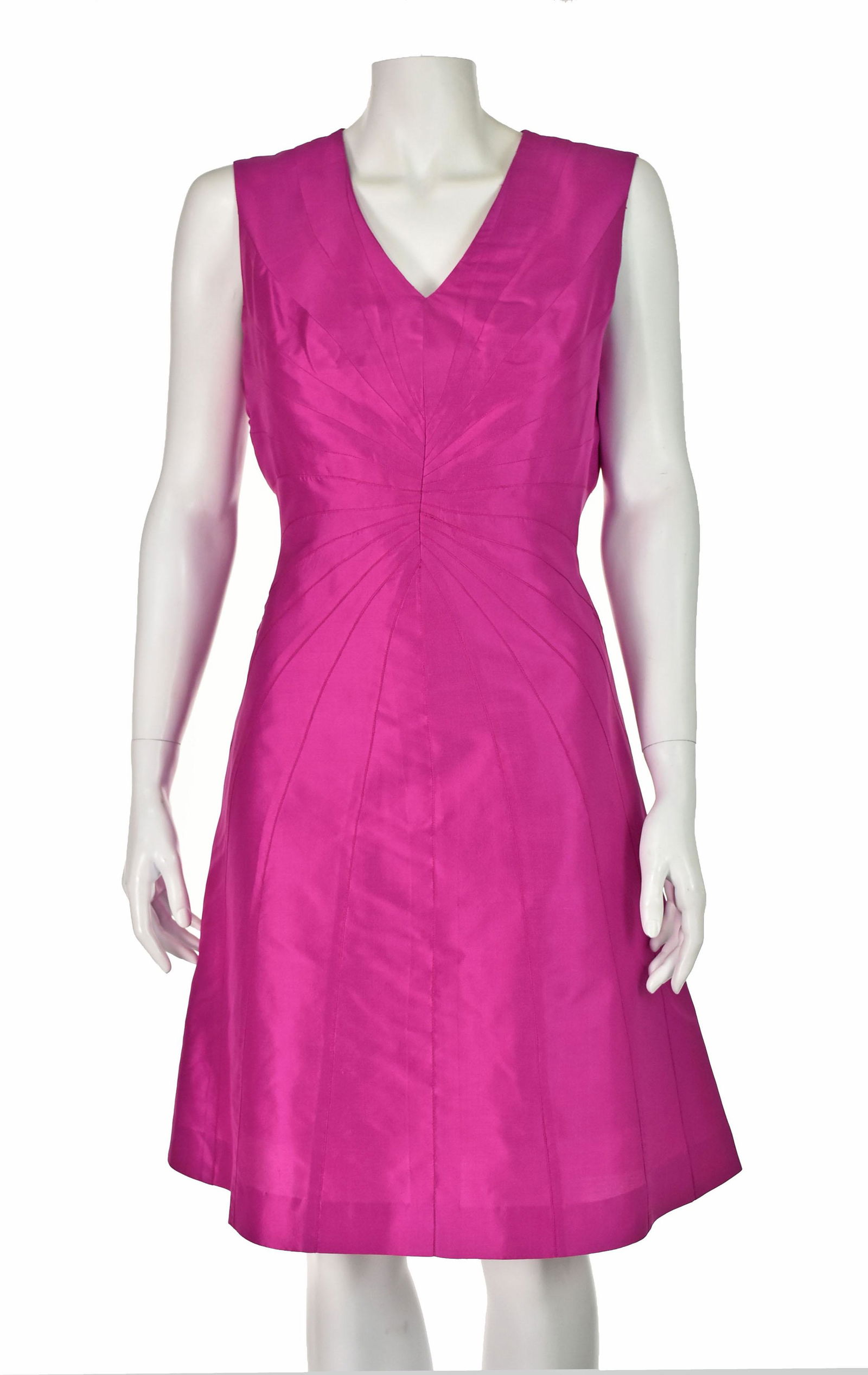 MAX NUGUS HAUTE COUTURE Hot Pink Silk Dress with Shawl: Hot pink dupioni silk dress with companion shawl from former San Francisco "designer to the stars," Max Nugus, incorporates his signature use of fine fabrics and intricate tailoring details. The bodic