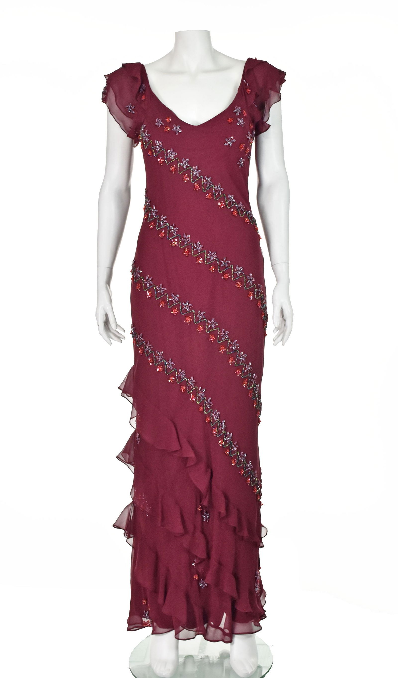 MAX NUGUS HAUTE COUTURE Burgundy Silk Chiffon Beaded: Fashion from former San Francisco "designer to the stars", Max Nugus, known for glamourous designs, are rare and highly sought after. This beautiful Nugus evening dress is a deep maroon or burgundy co
