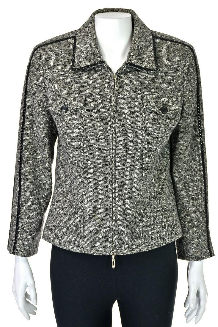 ESCADA Black & White Tweed Jacket w/ Patent Trim: Black and white tweed jacket from Escada is trimmed in black patent on the shoulders, sleeves and collar. The soft wool and cashmere blend fabric is from Piacenza, an Italian fabric mill that is renow