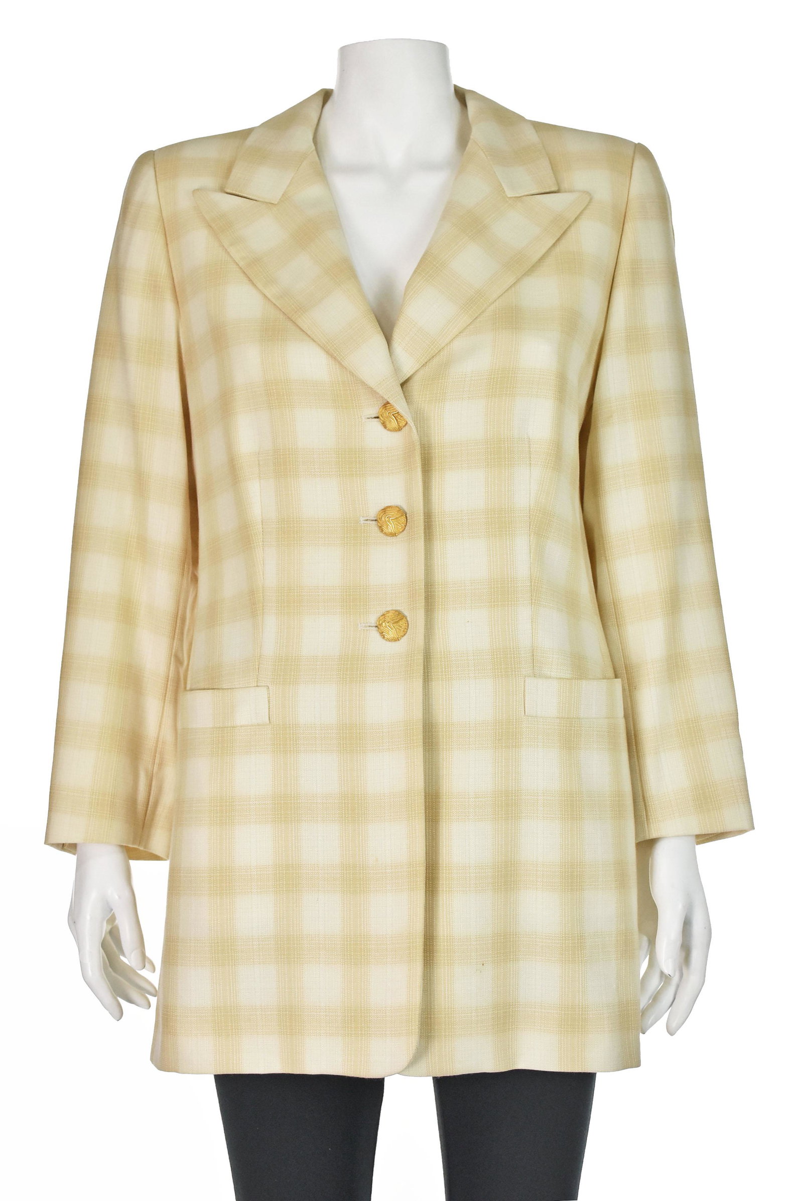ESCADA Lovely Vintage Pale Tan & Ivory Lightweight: Nice long vintage blazer from Escada features a lightweight fabric in 90% wool blended with 10% silk. The jacket has peak lapels, besom pockets, small shoulder pads, and gold tone buttons. It probably