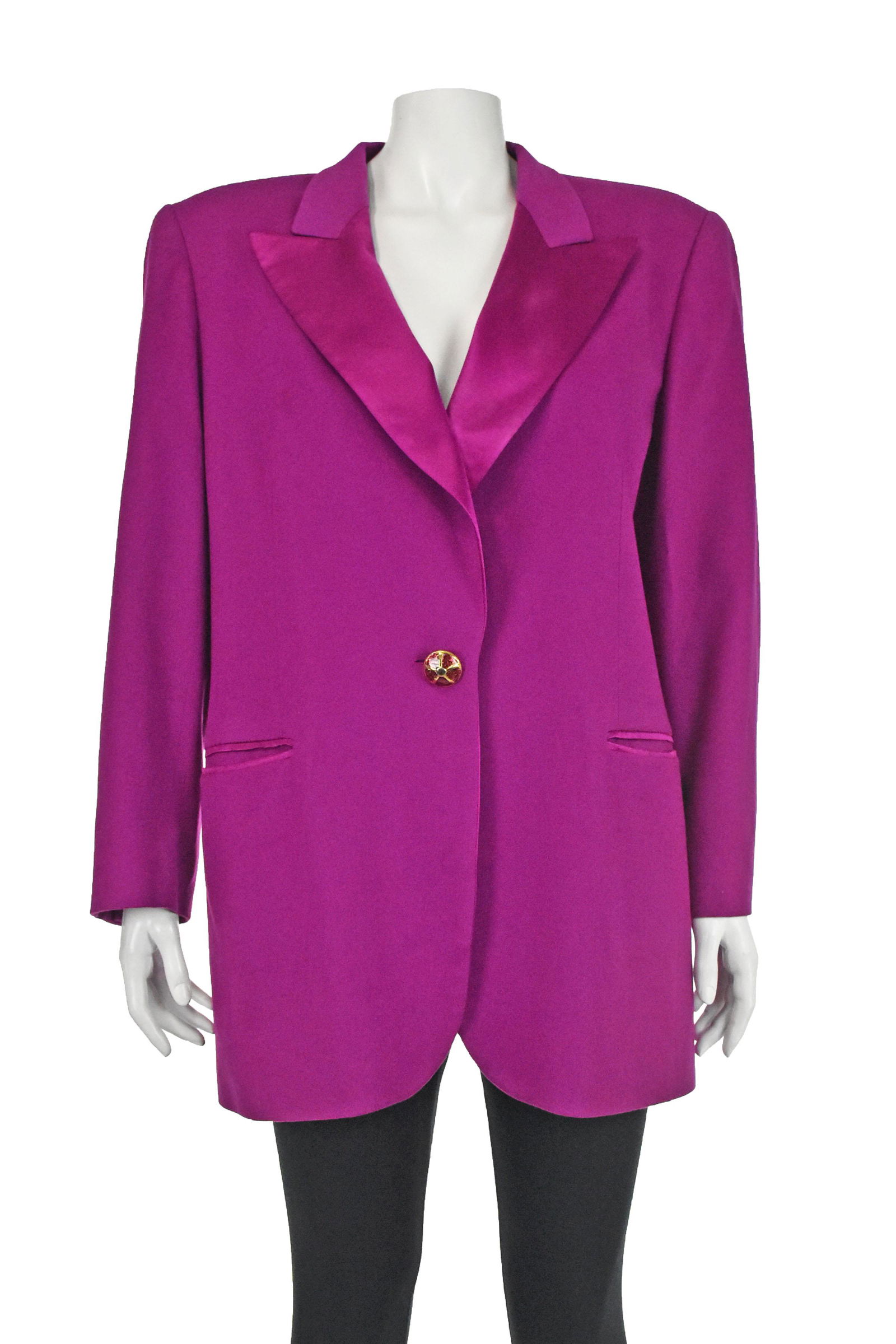 ESCADA Vintage Magenta Wool & Cashmere Jacket w/ Satin: This vintage Escada blazer features satin-covered peak lapels and red and gold enameled buttons. Besom pockets are also trimmed in satin. It has a few flaws, but the color is magnificent, and overall