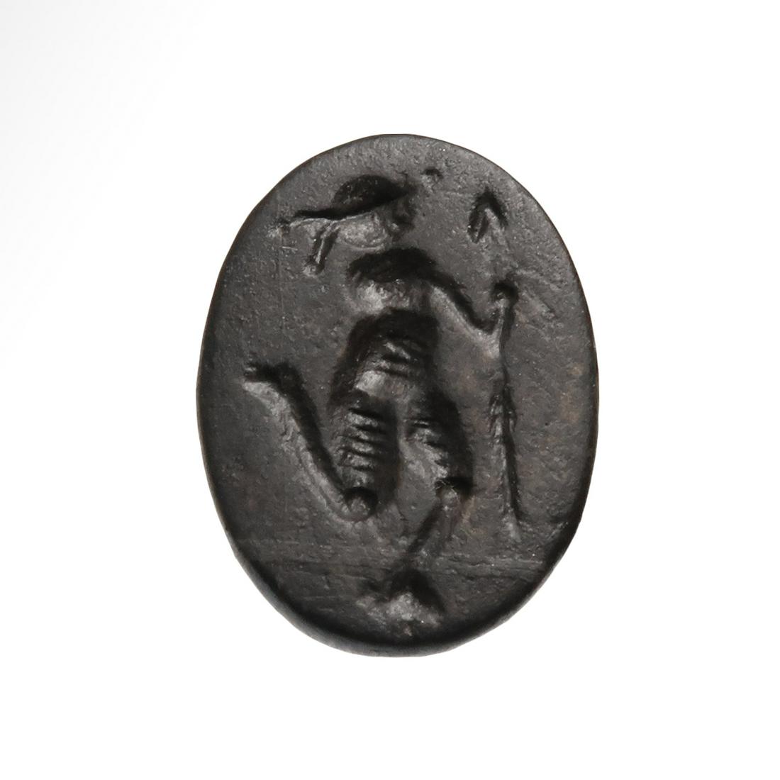Sassanian Black Stone Intaglio with a Dancer: Title: Sassanian Black Stone Intaglio with a Dancer Date/Origin: Sassanian, 3rd-4th Century A.D. Dimension: 1.5 cm L - 9/16 inch Material: Stone Provenance: Provenance: Private UK collection, acquired