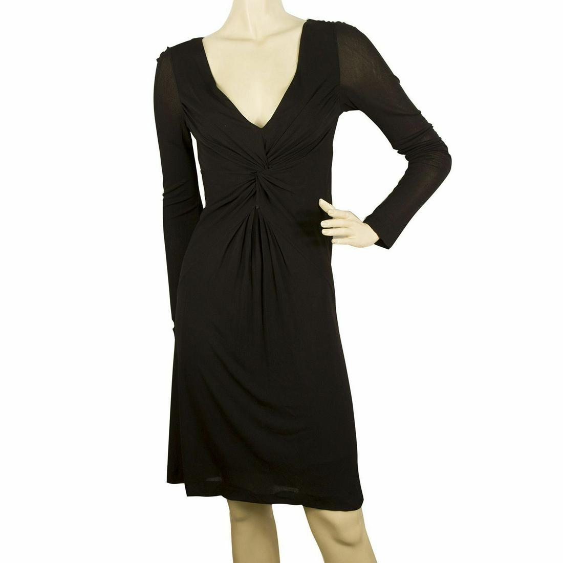 ETRO Black Long Sleeve Knee Length Rushed Bust Viscose: ETRO Black Long Sleeve Knee Length Rushed Bust Viscose Dress sz 40 From ETRO luxury house comes this amazing piece of elegance. Black with long semisheer sleeves, deep V neckline, rushed bust, very cl