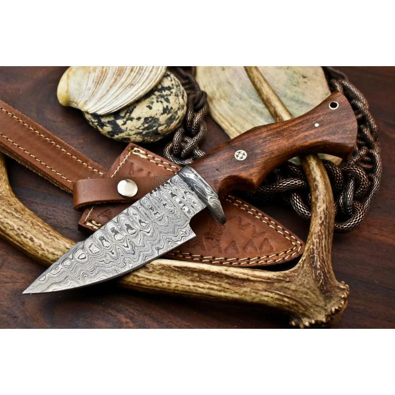 Everyday carry damascus steel hiking knife hardwood: Knife "Mozambic" made of damask steel. Handle – hardwood and scabbard - genuine leather. Damascus knives are very durable, look great and keep sharpness perfectly. Damascus steel has high quality co