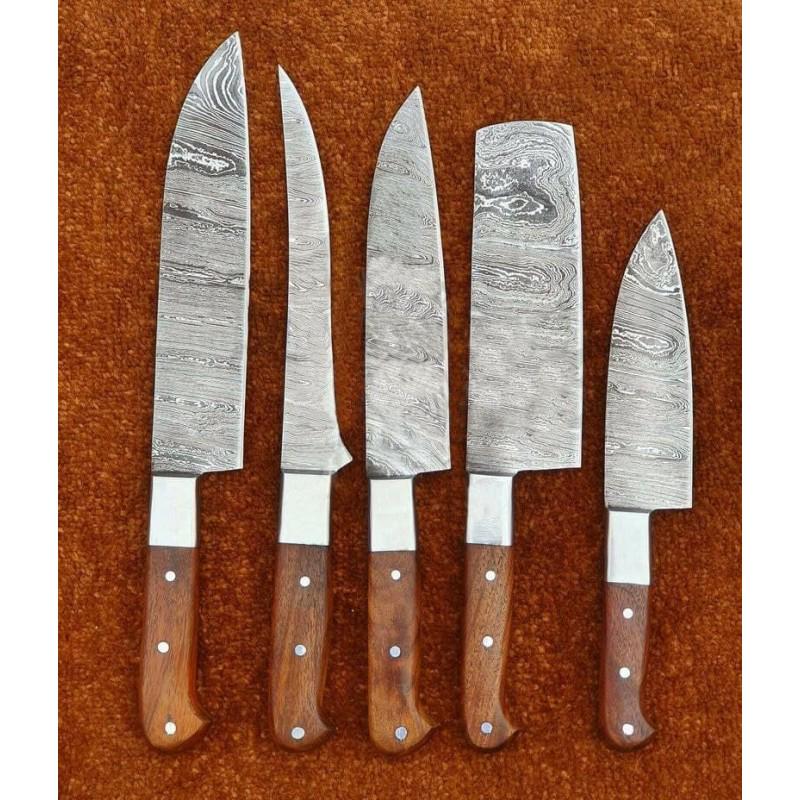 Set of 5 butcher chef kitchen damascus steel knife wood (1 of 3)