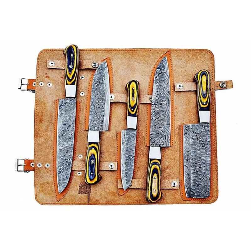 Set of 5 chef kitchen damascus knives steel wood (1 of 2)