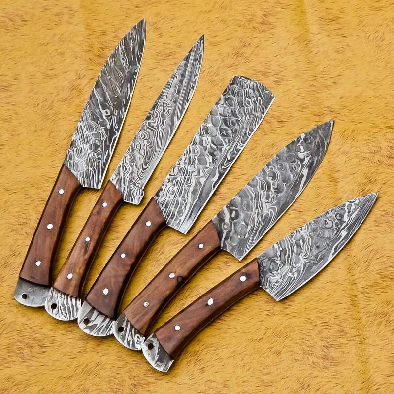 Set of 5 chef kitchen damascus knives steel wood work (1 of 5)
