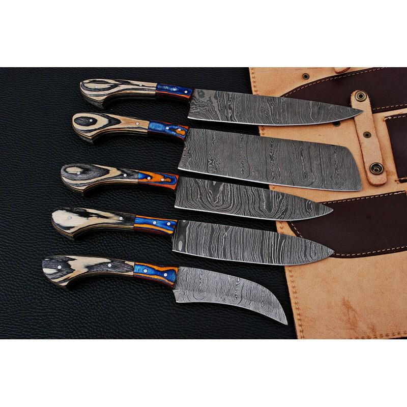 Set of 5 kitchen chef damascus steel knives wood work: Set of 5 Knives "Wave" made of damask steel. Handle – wood, steel bolster and scabbard - genuine leather. Damascus knives are very durable, look great and keep sharpness perfectly. Damascus steel ha
