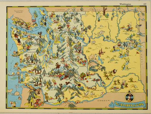1938 R Taylor White Pictorial Map of Washington --: Title: 1938 R Taylor White Pictorial Map of Washington -- Washington Cartographer: Ruth Taylor White Year / Place: 1938, Boston Map Dimension (in.): 11.6 x 8.5 in. This is Ruth Taylor White's charming