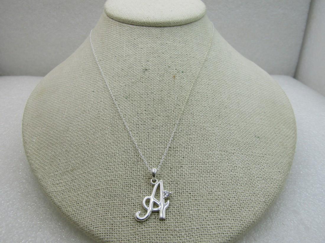 Sterling Silver Initial A With CZ Necklace, 18" Signed (1 of 5)
