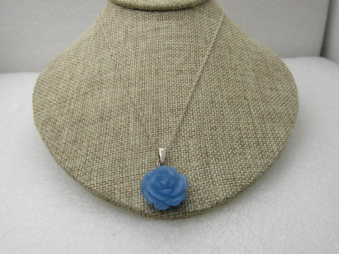 Sterling Silver Blue Jade Carved Rose Necklace, 18",: Sterling Silver Blue Jade Carved Rose Necklace, 18", 8.03 gr., including rose. The rose is likely a dyed blue jade but tests as jade. It has a hinged bail and easy to switch out the chain you want to 