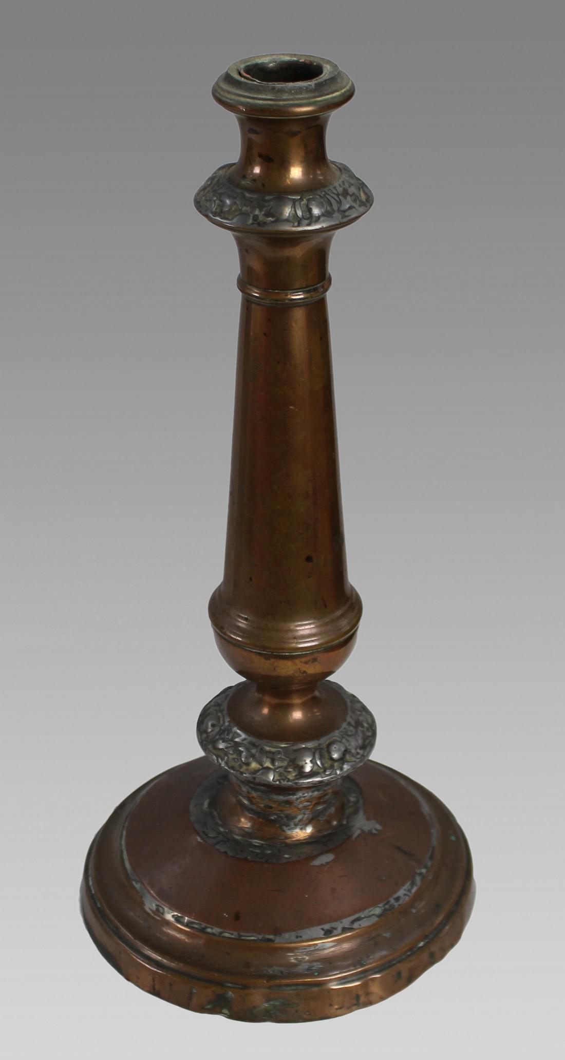 Antique Georgian Copper Candlestick: Title: Antique Georgian Copper Candlestick Description: Period Late Victorian Composition Bronzed Copper Finish on Solid Brass Height 35.5 cm / 14 in Condition Good and heavy. Some little distortion a