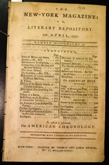 1791 New York Magazine Proclamation US Capitol: The April 1791 issue of "The New York Magazine or Literary Repository", printed by Thomas and James Swords. 64 pages. Lacks plate and the "American Chronology". Interesting content including Proclamat