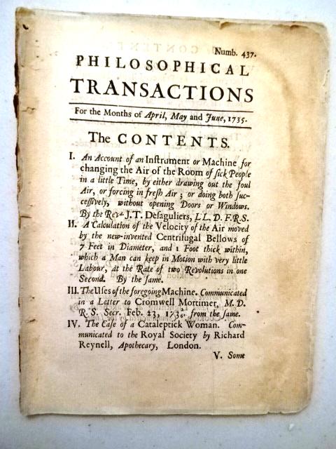 1735 Philosophical Transactions Tradewinds Science: An extract from "Philosophical Transactions for the Months of April, May and June 1735", Number 437, printed at London. Title leaf and articles I-VI including on the Tradewinds by George Hadley. Some 