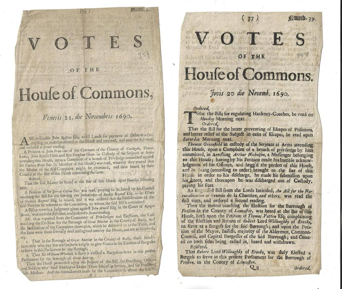 1690 Two Issues Votes of House of Commons (1 of 2)