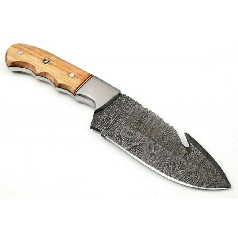 Skinner damascus steel knife full tang camel bone wood: Knife "Watts" Handle – stacked leather and scabbard - genuine leather. Damascus knives are very durable, look great and keep sharpness perfectly. Damascus steel has high quality contents to give it 