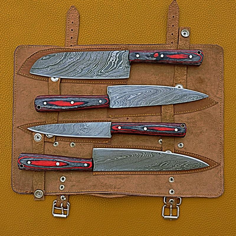Set 4 chef kitchen work damascus steel knives wood (1 of 4)