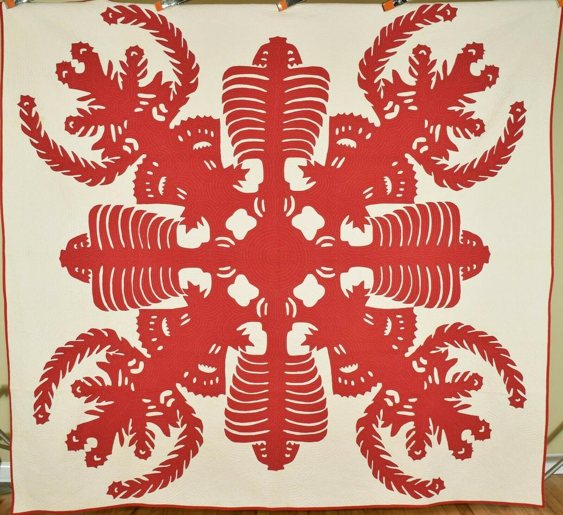 Rare 1920's Red & White Hawaiian Quilt (1 of 12)