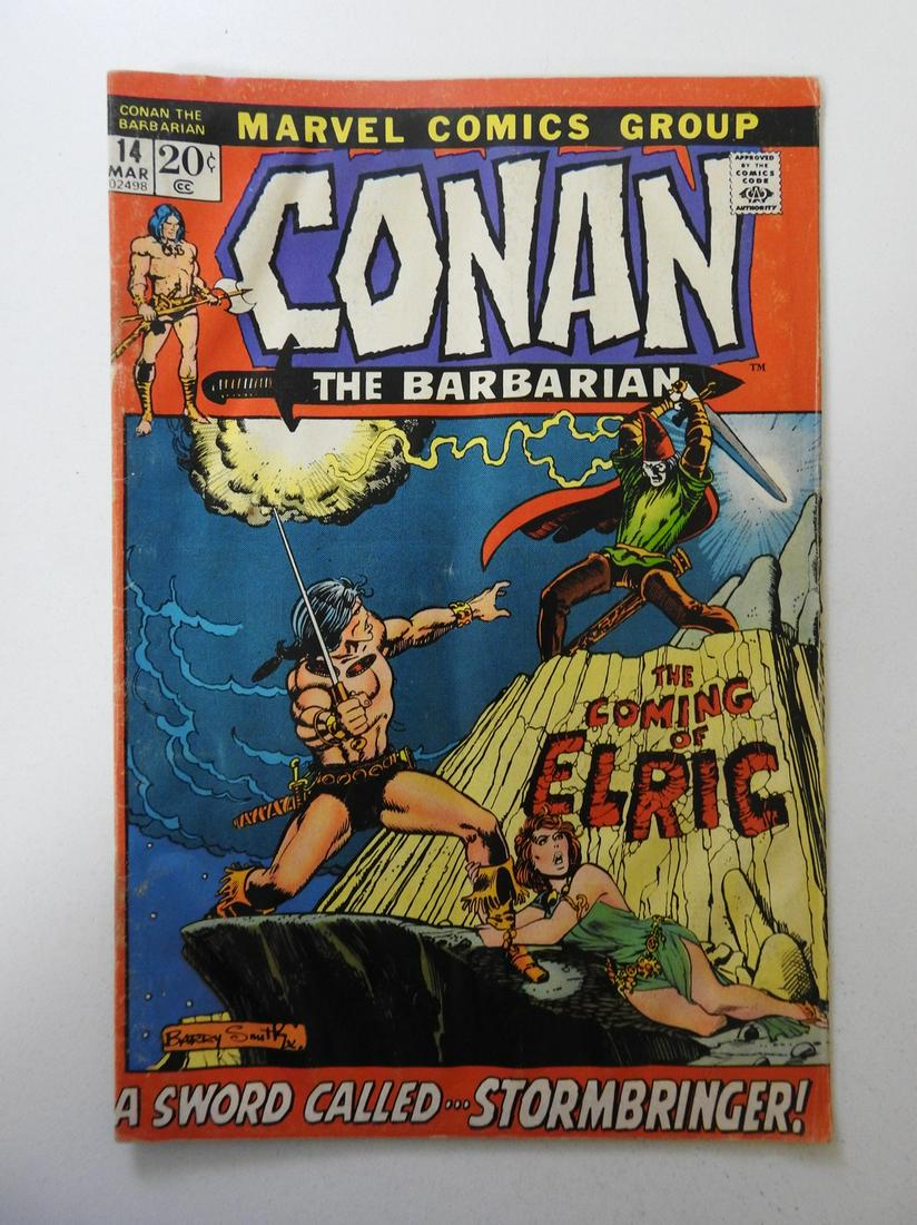 Conan the Barbarian #14 First comic book appearance of: No Reserve! Conan the Barbarian #14 First comic book appearance of Elric of Melnibone GD+ Moisture damage, Rusty staples Shipping: Domestic: Flat-rate of $9.99 (1-8 items) or $19.99 (9+ items) to anyw