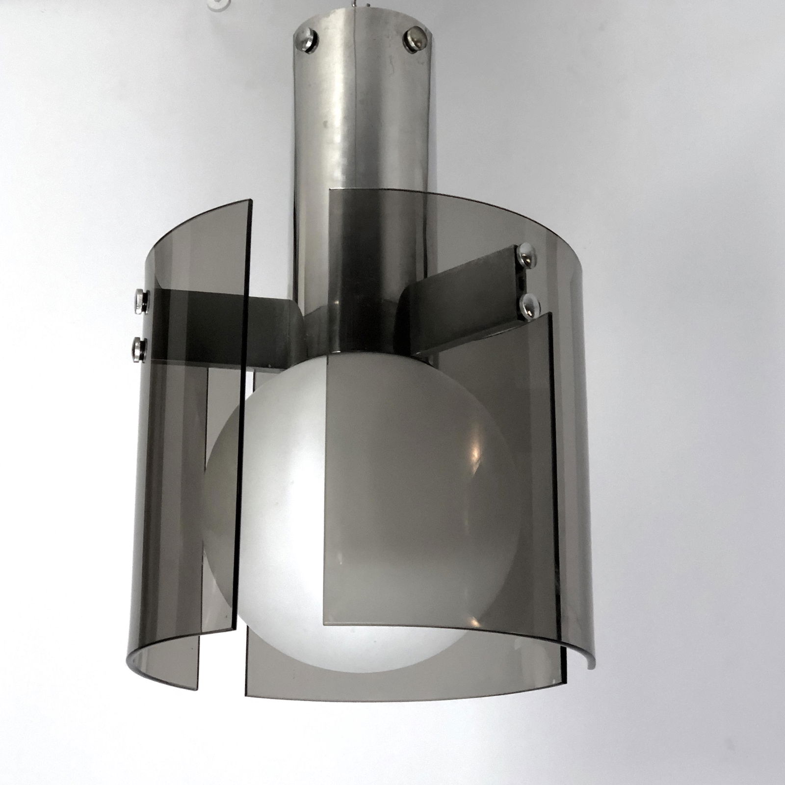 Veca, Italian vintage glass and chrome chandelier: Great vintage condition for this vintage chandelier produced by Veca during the 60s. It is made from chrome, glass and opaline glass. Material: chrome, glass, opaline glass Dimensions: H 55 D 35 (cm)