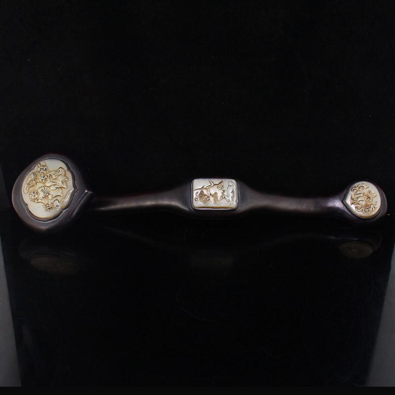 Chinese Qing Zitan Wood Inlay White Hetian Jade Ruyi (1 of 9)