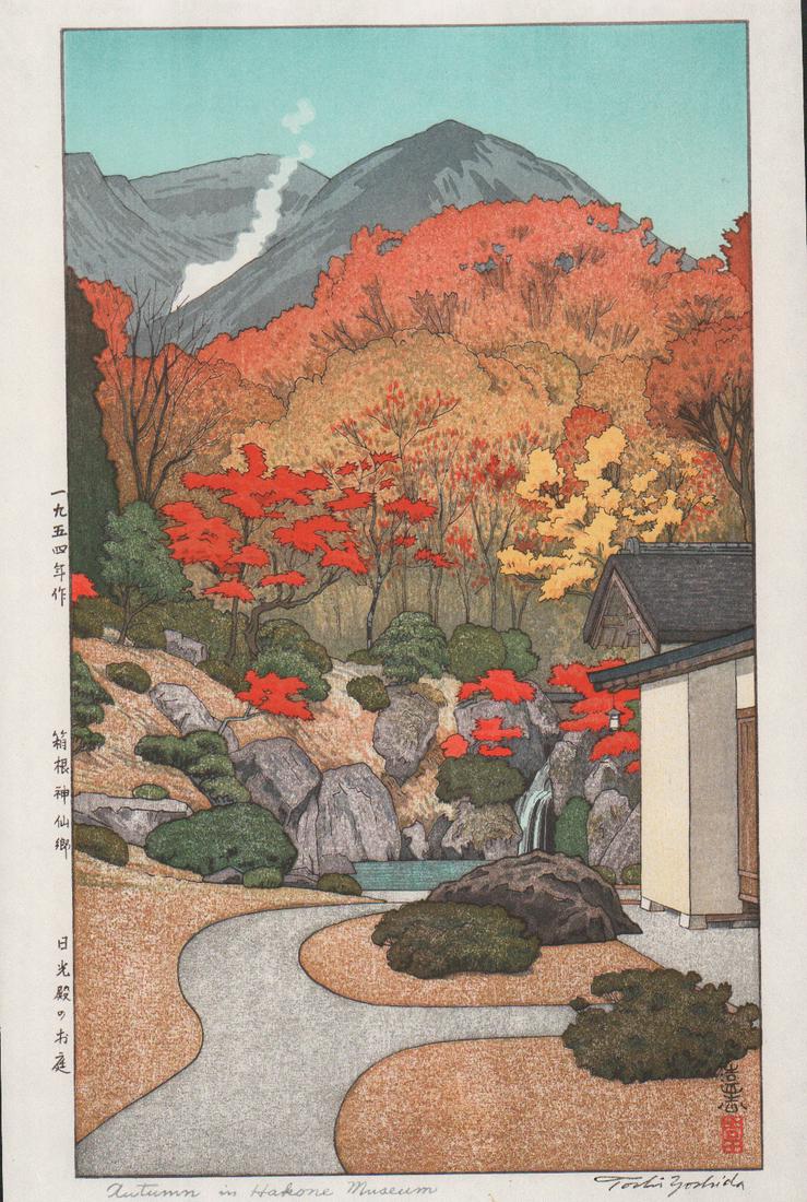 Toshi Yoshida (1911-1995)/ Autumn In Hakone Museum: Title/Artist: Toshi Yoshida (1911-1995)/ Autumn In Hakone Museum Medium:Woodblock print Size/Format: The print image measures 8 3/4 X 14 5/8 inches plus margins Edition:Postumous edition Reserve: $220