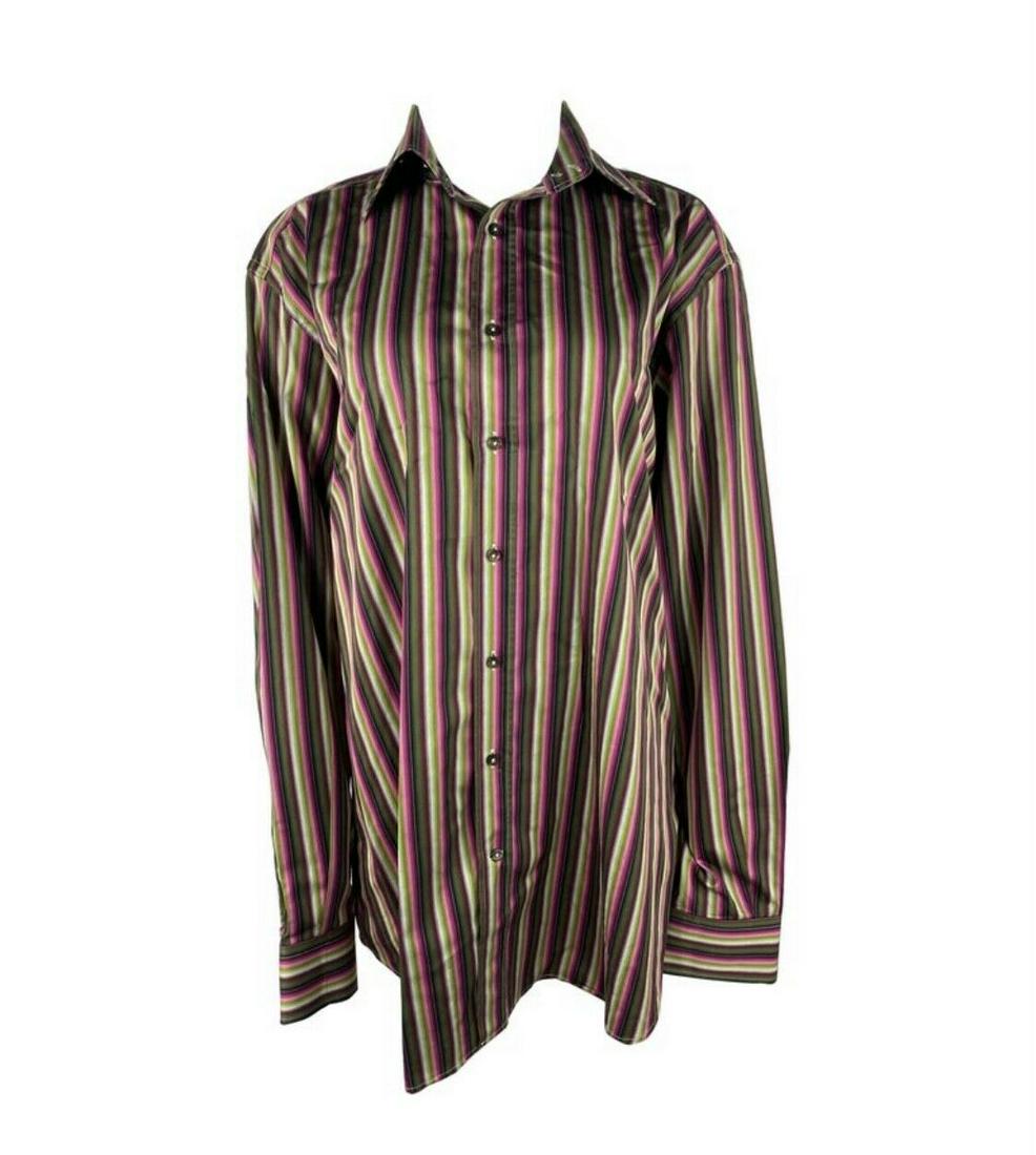 Etro Multicolored Striped Button Down Shirt, Size 44: KG Product details: The shirt is made out of 100% cotton and it features pink, purple, green and orange colors. Length: 35 in. (88.9 cm) Marked Size: 44 (EU) Bust: 51 in. (129.54 cm) Waist: 47.5 in. (
