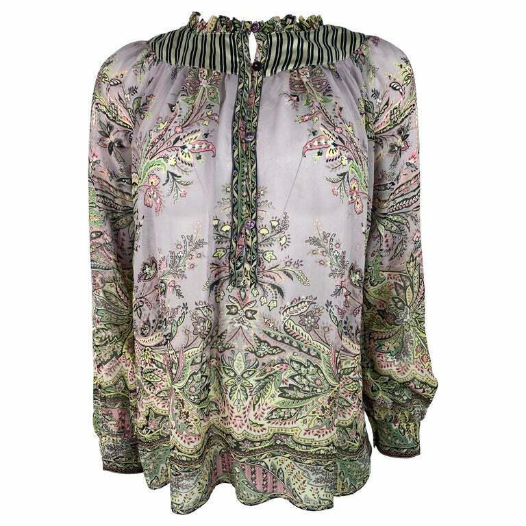 Vintage Etro Floral Blouse Top, Size 38: KG Product details: The blouse is designed by Etro, featuring violet/ purple, floral and navy and white striped pattern design with long sleeves and front button closure. Made in Italy. Length: 25 in.