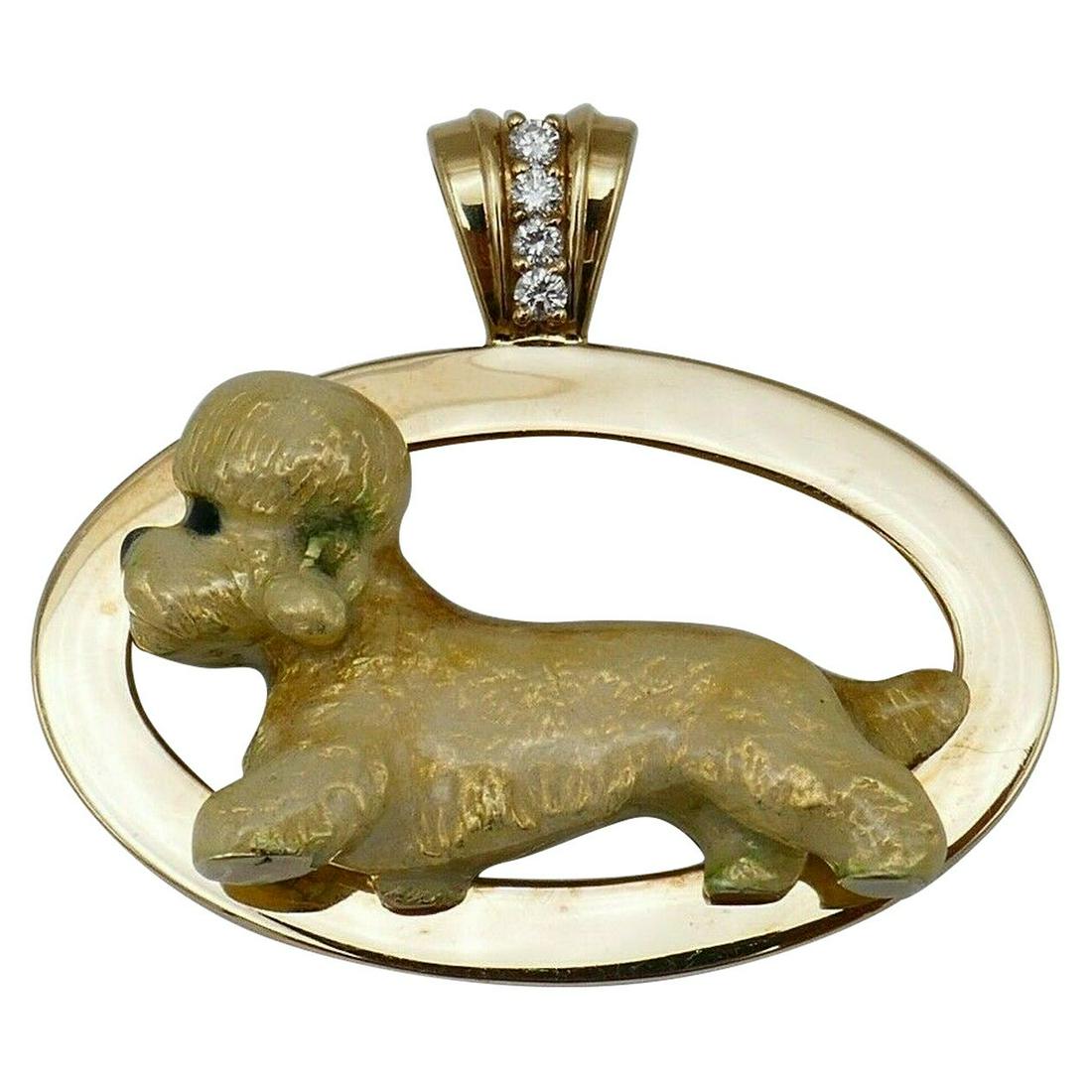 Retro Yellow Gold Enamel Diamond Maltese Dog Pendant (1 of 7)