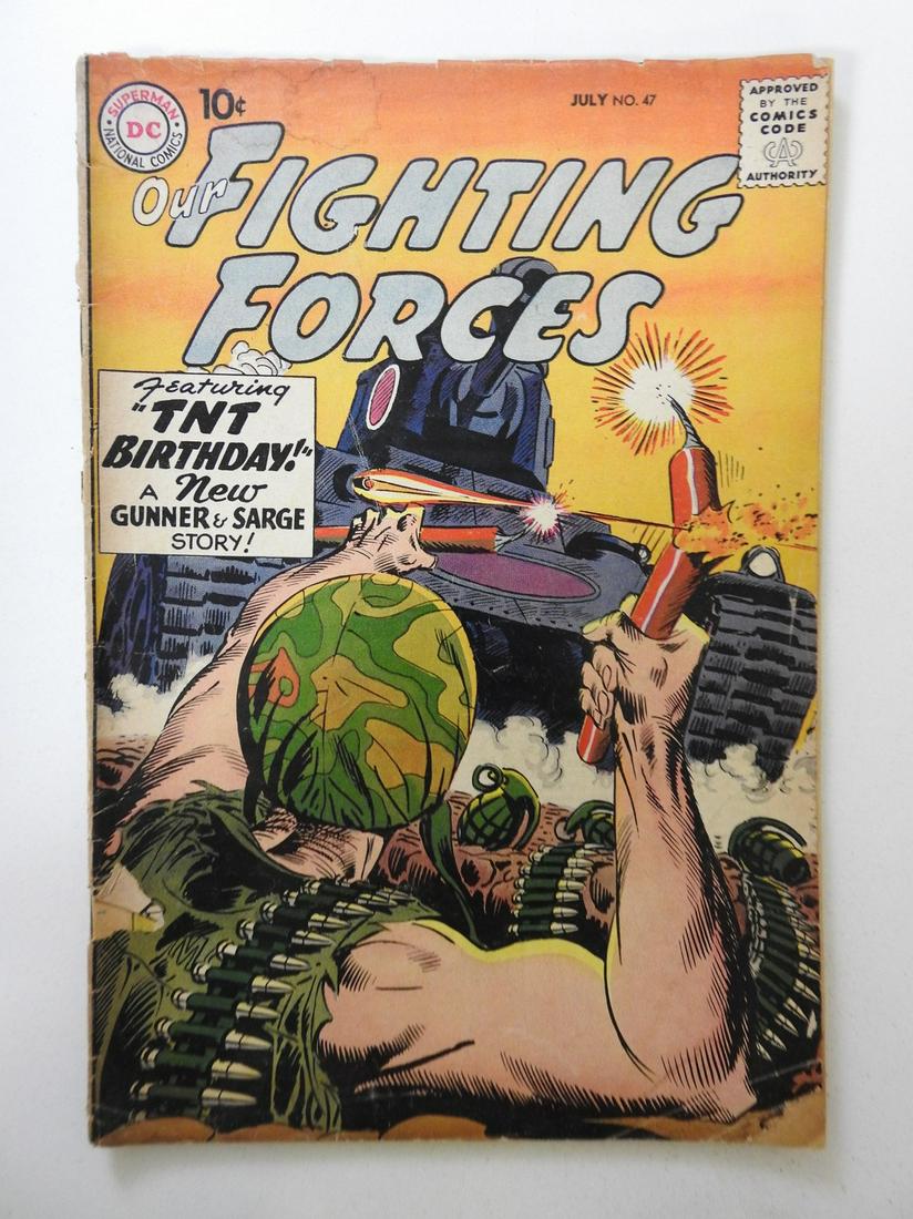 Our Fighting Forces #47: No Reserve! Our Fighting Forces #47 FR/GD 3 in spine split, bottom staple detached from cover Shipping: Domestic: Flat-rate of $9.99 (1-8 items) or $19.99 (9+ items) to anywhere within the contiguous 
