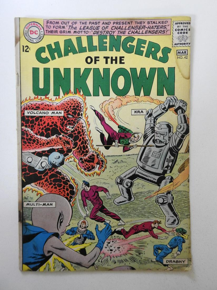 Challengers of the Unknown #42: No Reserve! Challengers of the Unknown #42 GD+ Rusty bottom staple, Moisture damage Shipping: Domestic: Flat-rate of $9.99 (1-8 items) or $19.99 (9+ items) to anywhere within the contiguous U.S. Inter