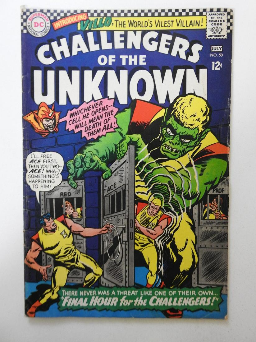 Challengers of the Unknown #50: No Reserve! Challengers of the Unknown #50 GD/VG Moisture damage, rusty bottom staple Shipping: Domestic: Flat-rate of $9.99 (1-8 items) or $19.99 (9+ items) to anywhere within the contiguous U.S. Int