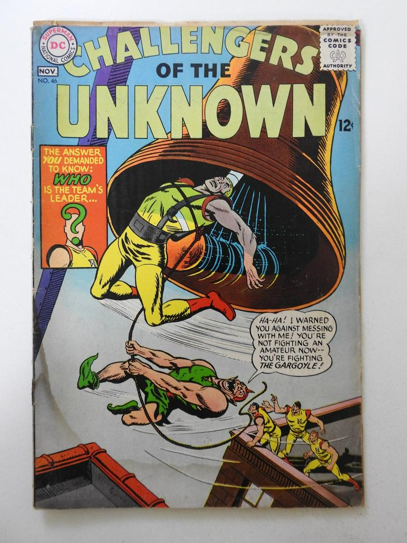 Challengers of the Unknown #46: No Reserve! Challengers of the Unknown #46 GD- 2 centerfold wraps detached at both staples, cover detached at bottom staple, bottom staple rusty Shipping: Domestic: Flat-rate of $9.99 (1-8 items) or $