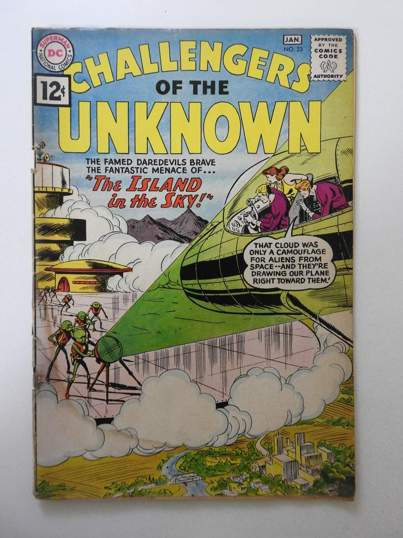 Challengers of the Unknown #23: No Reserve! Challengers of the Unknown #23 GD Cover detached at bottom staple, bottom staple rusty, moisture damage Shipping: Domestic: Flat-rate of $9.99 (1-8 items) or $19.99 (9+ items) to anywhere 