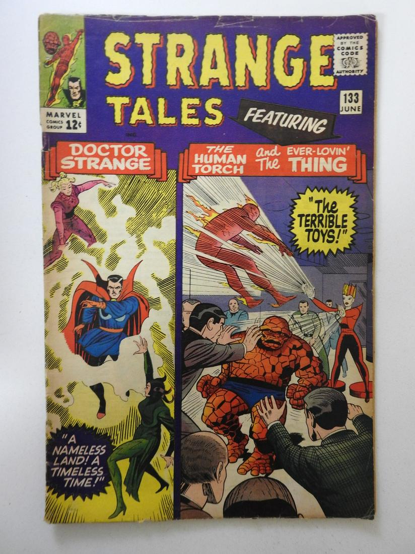 Strange Tales #133: No Reserve! Strange Tales #133 GD/VG Centerfold detached at bottom staple, ink on centerfold page Shipping: Domestic: Flat-rate of $9.99 (1-8 items) or $19.99 (9+ items) to anywhere within the contigu