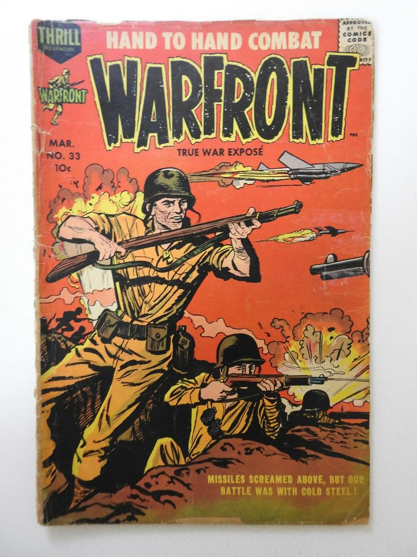 Warfront #33: No Reserve! Warfront #33 PR 3/4 book spine split, manufactured w/ one staple Shipping: Domestic: Flat-rate of $9.99 (1-8 items) or $19.99 (9+ items) to anywhere within the contiguous U.S. Internationa