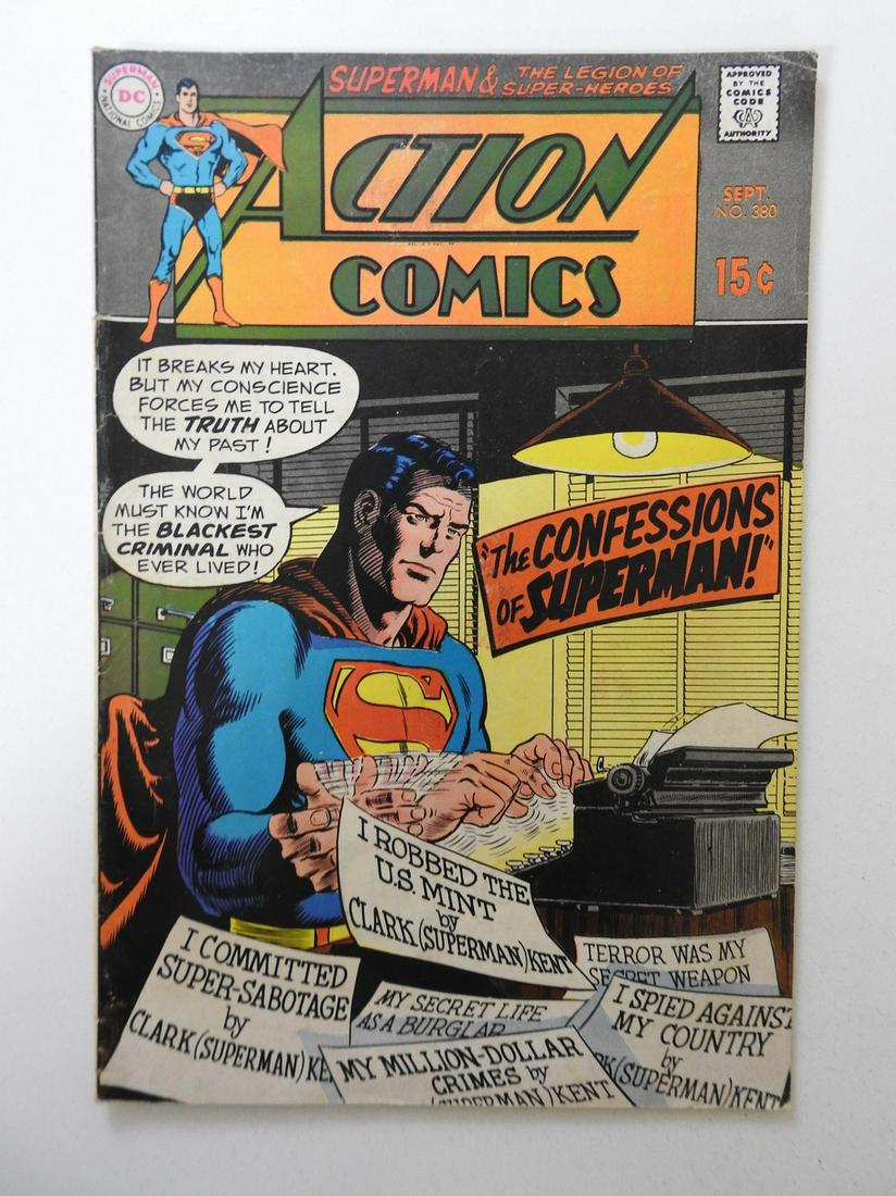 Action Comics #380: No Reserve! Action Comics #380 VG/FN Shipping: Domestic: Flat-rate of $9.99 (1-8 items) or $19.99 (9+ items) to anywhere within the contiguous U.S. International: Foreign shipping rates are determined
