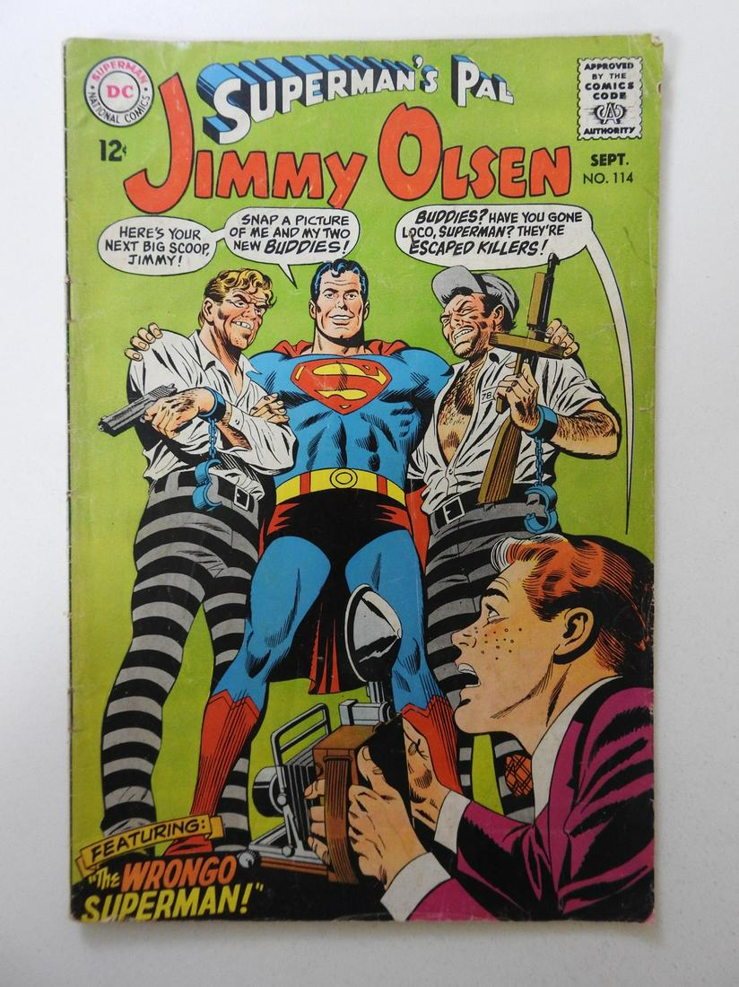 Superman's Pal Jimmy Olsen #114: No Reserve! Superman's Pal Jimmy Olsen #114 GD+ Shipping: Domestic: Flat-rate of $9.99 (1-8 items) or $19.99 (9+ items) to anywhere within the contiguous U.S. International: Foreign shipping rates are