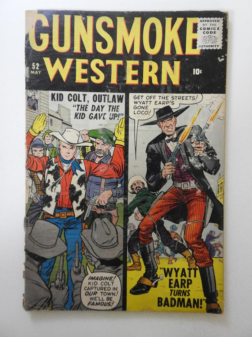 Gunsmoke Western #52: No Reserve! Gunsmoke Western #52 PR Complete book spine split, both staples detached, Moisture damage Shipping: Domestic: Flat-rate of $9.99 (1-8 items) or $19.99 (9+ items) to anywhere within the con