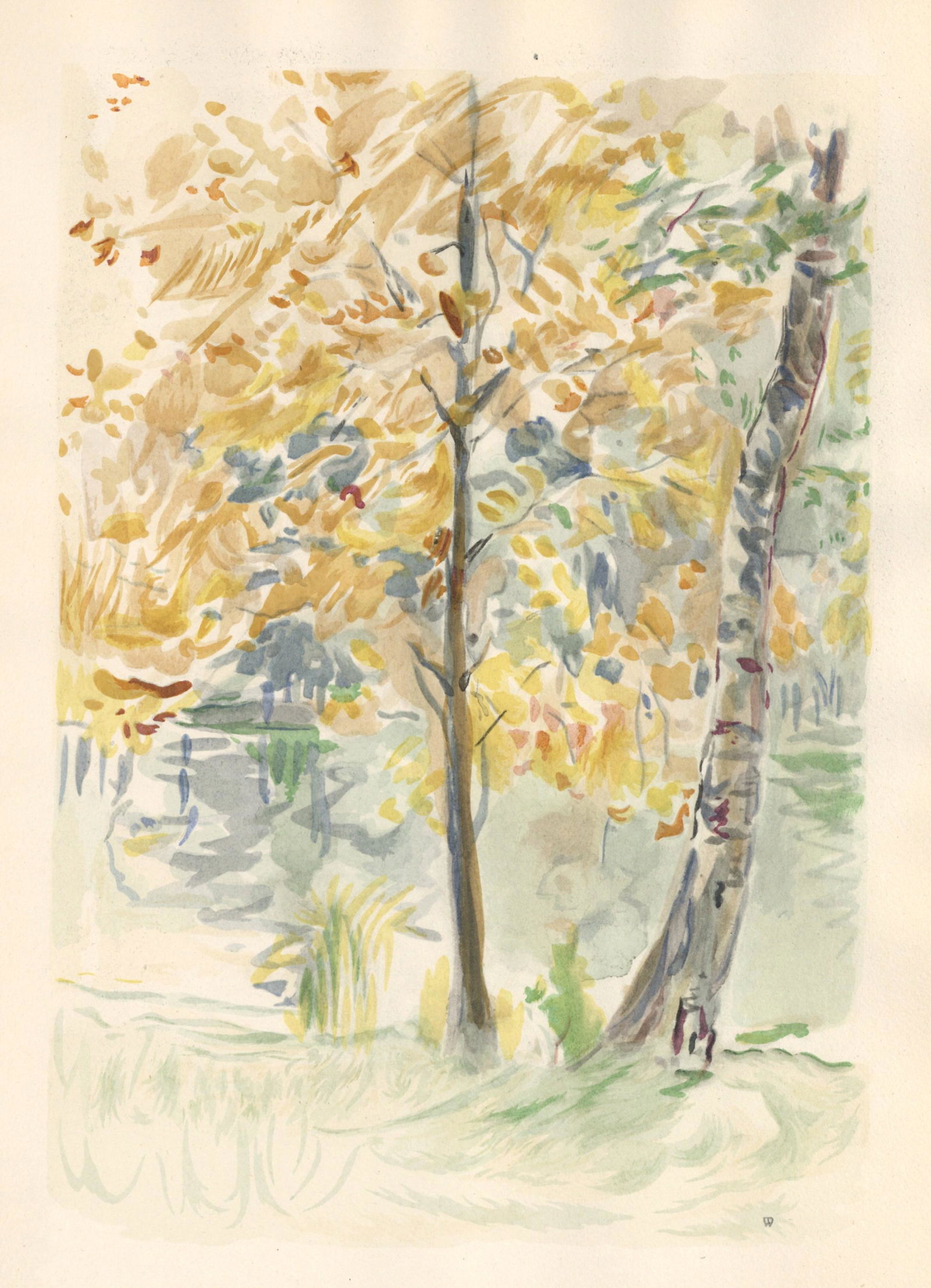 Berthe Morisot pochoir "Arbres roux": Medium: lithograph with pochoir coloring (after the 1888 watercolor). Beautifully printed 1946 in a limited edition of 300 for the rare "Berthe Morisot Seize Aquarelles" portfolio, published in Paris