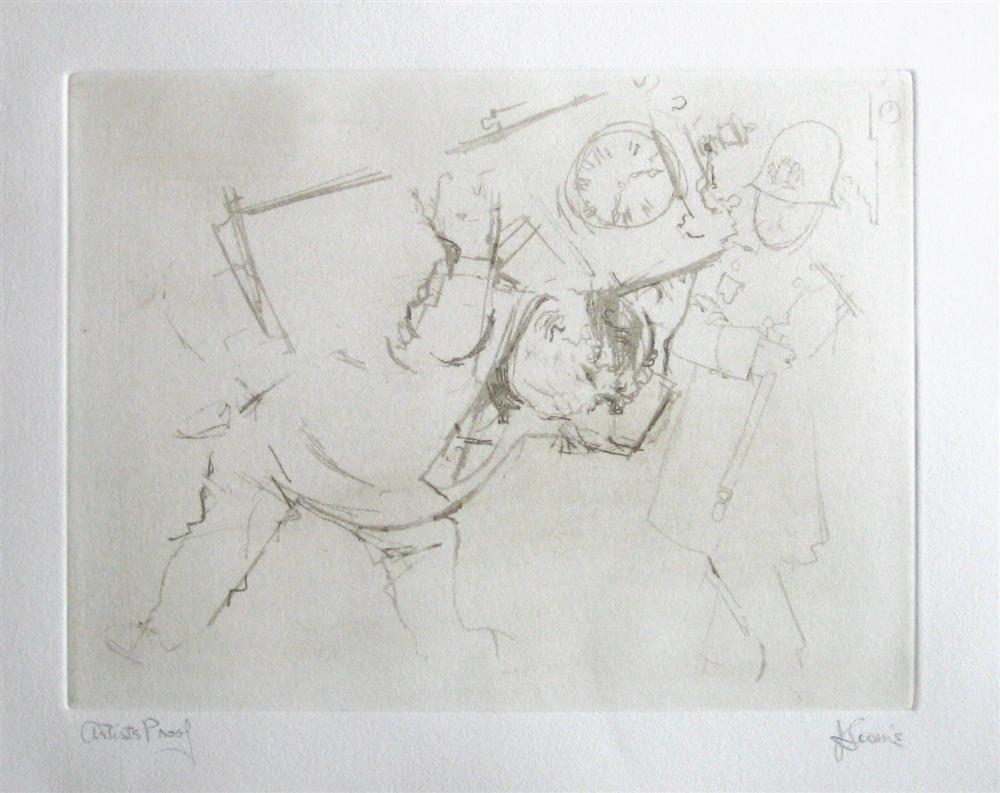 Jack Levine signed original etching "A Wedding Gift": Medium: original soft ground etching, signed in pencil and annotated "Artist's Proof". This etching was executed in 1967 for the "Dreigroschen Film" series, for the limited edition portfolio published