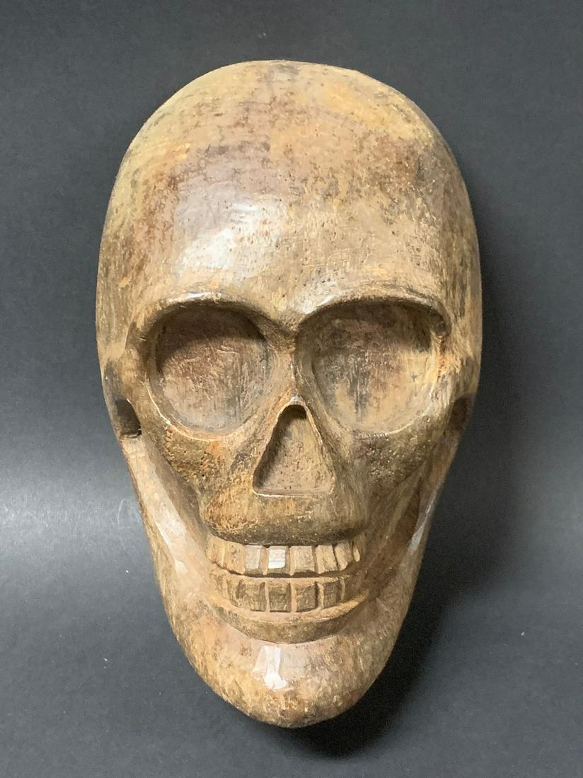 Carved Wood Skull Paper Mache Mold: Title: Carved Wood Skull Paper Mache Mold Date/Period: Early 20th Century Dimension: 9.5 inches high x 6 inches wide Material: Wood Additional Information: Folk Art Decorative Art Skull Paper Mache Mo
