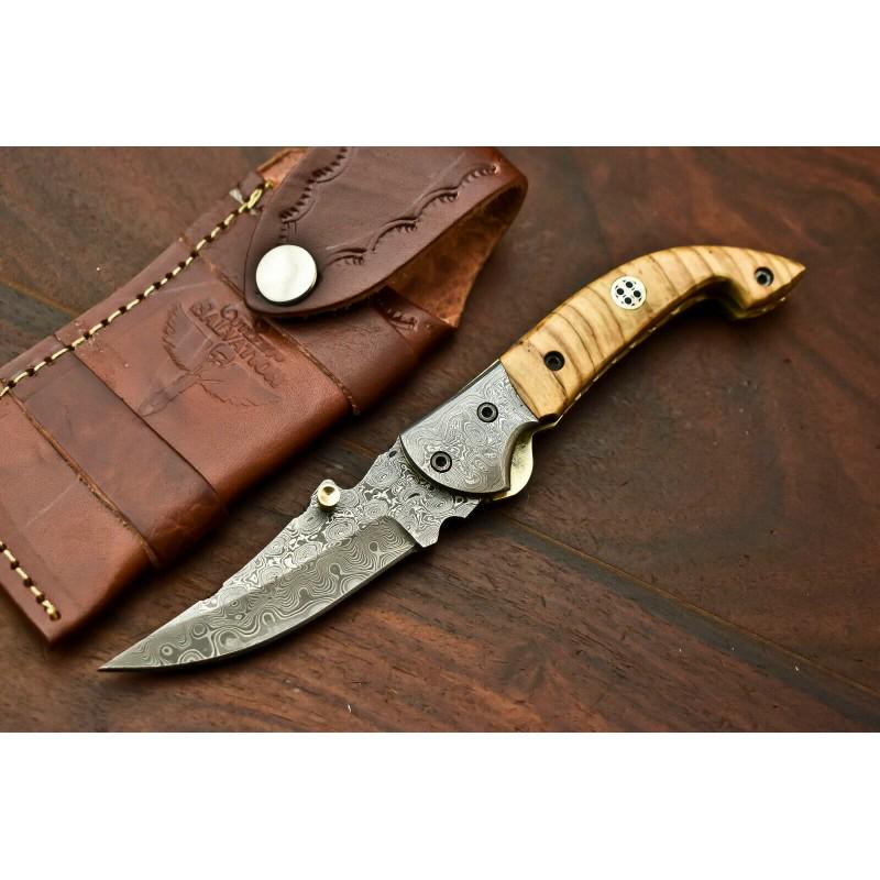 Folding pocket everyday carry damascus steel knife: Knife "Melon" Blade - damask steel Handle â€“ camel bone Scabbard â€“ cowhide leather (included) Blade hardness â€“ 58-60 HRC Total length â€“ 191 mm. Blade length - 83 mm. Handle 