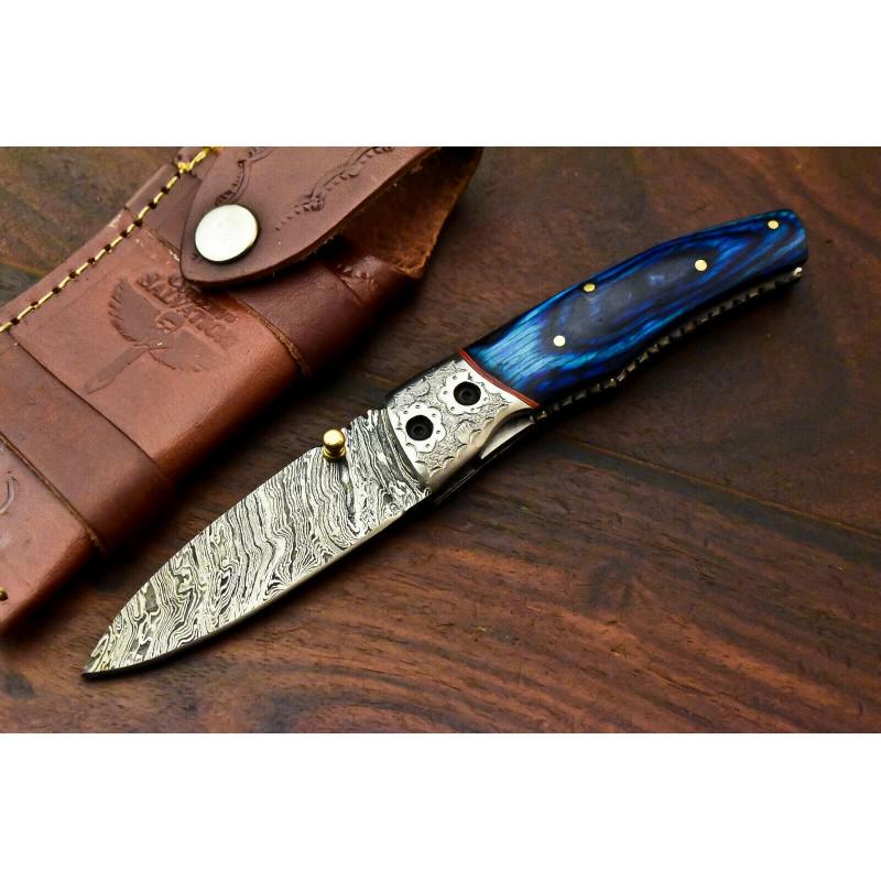 Everyday carry pocket folding damascus steel knife: Knife "Sky" Blade - damask steel Handle â€“ camel bone Scabbard â€“ cowhide leather (included) Blade hardness â€“ 58-60 HRC Total length â€“ 178 mm. Blade length - 76 mm. Handle le