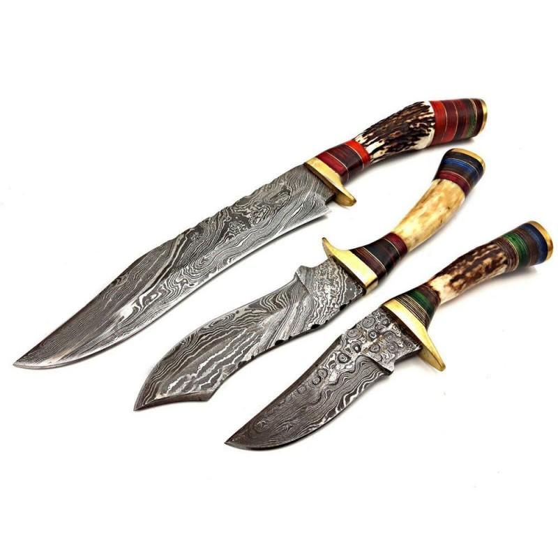 3 pcs SET bowie damascus steel knife stag bone knives: 3 pcs SET Knives "Chico" made of damask steel. Handle â€“ stacked leather and scabbard - genuine leather. Damascus knives are very durable, look great and keep sharpness perfectly. Damascus steel