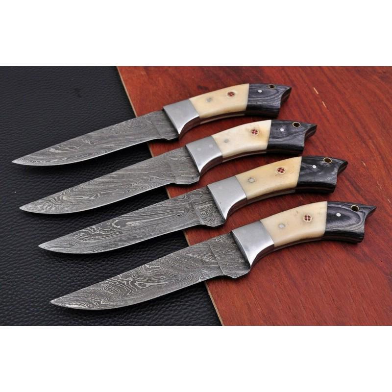 Set of 4 chef kitchen steak damascus steel knives wood: Set of 4 Knives "Nud" made of damask steel. Handle â€“ wood, bone, steel bolsters. Damascus knives are very durable, look great and keep sharpness perfectly. Damascus steel has high quality conte
