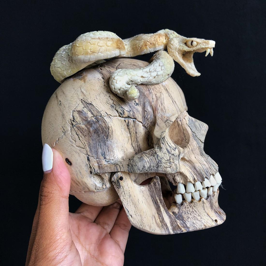 Stunning Hand-carved Human Skull With A Beautiful: Title: Stunning Hand-carved Human Skull With A Beautiful Natural Grain Maker: Unknown Origin: Indonesia Date/Period: 2020 Materials: Tamarind Wood, Deer antler Dimensions:Height: 13 cm / 5.1 inches. L
